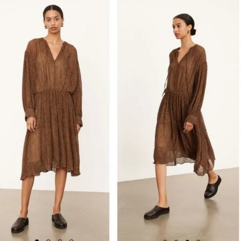 New Vince Starry Dot Dress Brown Long Sleeve Dress Midi Large Imperfection Sheer